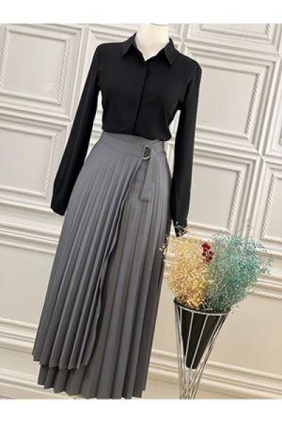 3549 Tokalı Pileli Etek Gri Gri