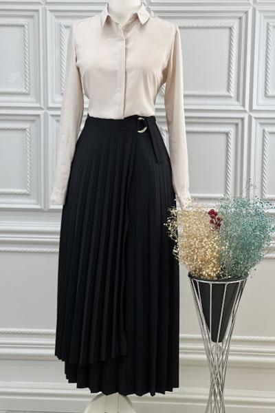 3549 Tokalı Pileli Etek Siyah Siyah