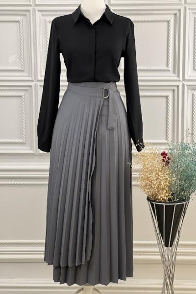 3549 Tokalı Pileli Etek Gri Gri