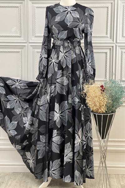 3567 Beli Kemerli Yaprak Desenli Elbise Siyah Siyah