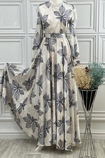 3567 Beli Kemerli Yaprak Desenli Elbise Krem Krem