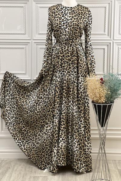 3568 Leopar Desenli Saten Elbise Kahve Kahverengi