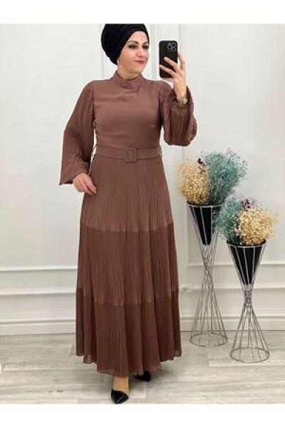 3590 Kemerli Şifon Elbise Kahve Kahverengi