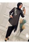 36439 Çiçek Detaylı Tunik Siyah