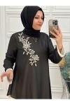 36439 Çiçek Detaylı Tunik Siyah
