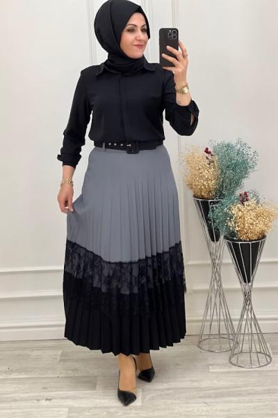 3732 Ortası Güpürlü Etek Gri Gri