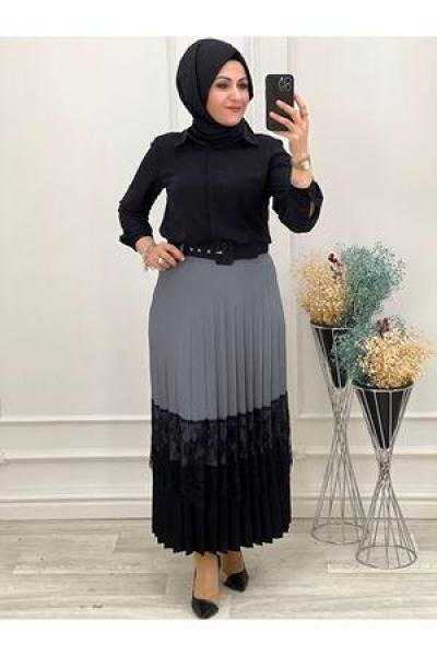 3732 Ortası Güpürlü Etek Gri Diğer