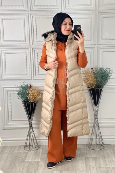 3816 Uzun Şişme Yelek Taş Taş Rengi