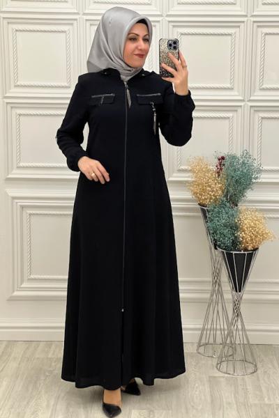 b-4004B Kolu Şeritli Ferace  Siyah