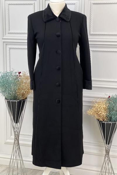 4022 Çelik Örgü Eteği Biyeli Pardesü Siyah Siyah