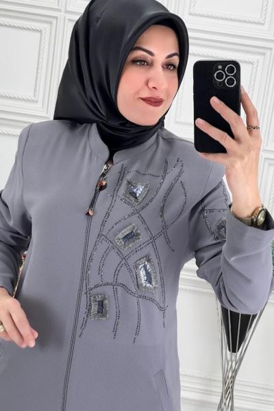 4065 Yaka Kol Detaylı Ferace  Gri