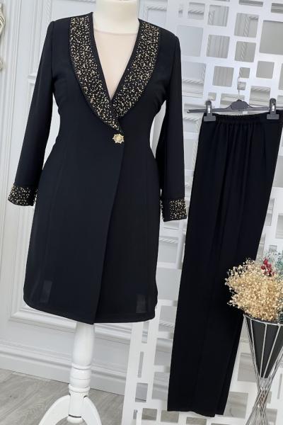 4098 Yaka Taşlı  Takım  Siyah