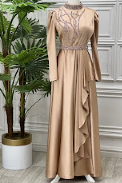 4177 Bengü Saten Abiye Taş Rengi