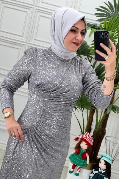 4279 Edalı Elbise Gri