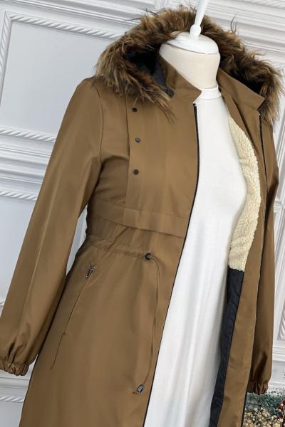 5007 Büyük Beden Pardesü  Taba