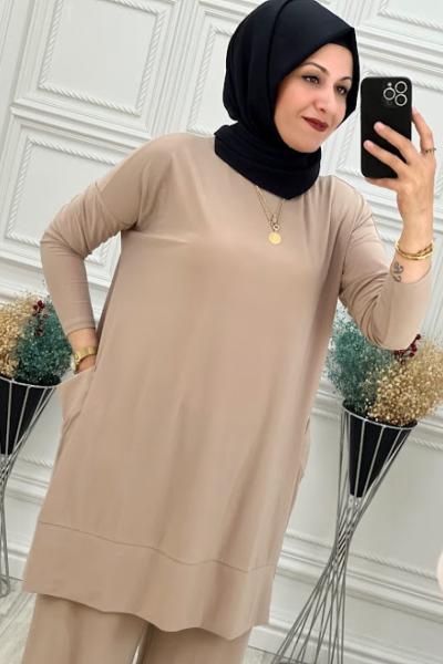 5015 Cepli Tesettür Takım Bej Bej