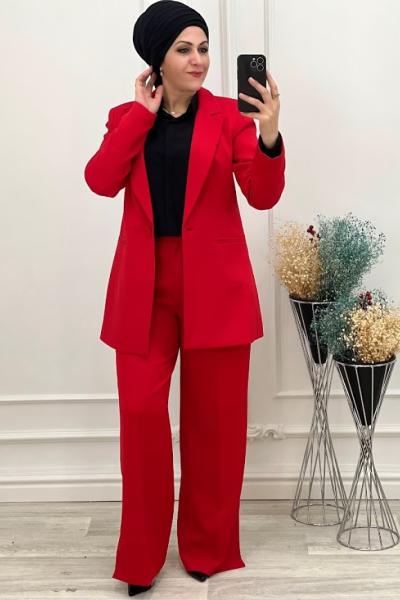 5023 Yırtmaçlı Yüksek Bel Pantolon  Kırmızı