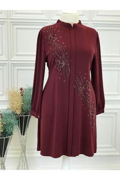 5047 Çiçek Taşlı Tunik Bordo Bordo