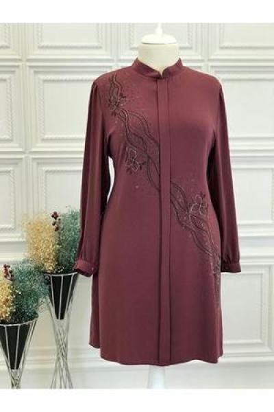 5047 Çiçek Taşlı Tunik Gül Gül