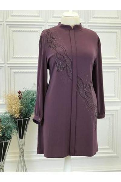 5047 Çiçek Taşlı Tunik Violet Diğer