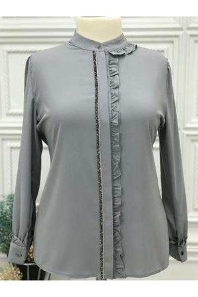 5053 Ön Bütün Fırfırlı Bluz Gri