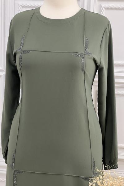 5121 Dikişli Taşlı Tunik Haki Haki