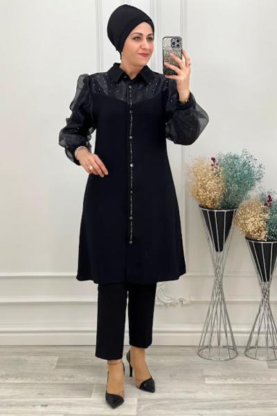 5212 Kolu Organze Tunik Siyah Siyah