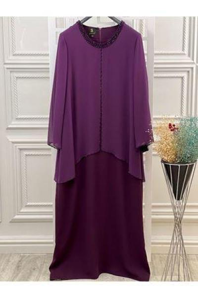 5461 Battal Yakası Taşlı Elbise Mürdüm Mürdüm