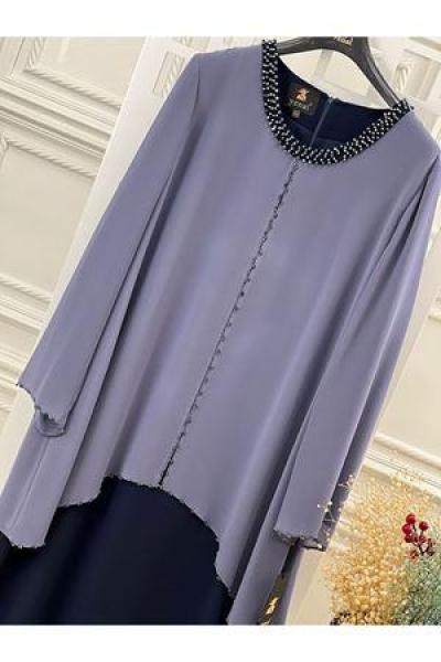 5461 Battal Yakası Taşlı Elbise Gri Gri