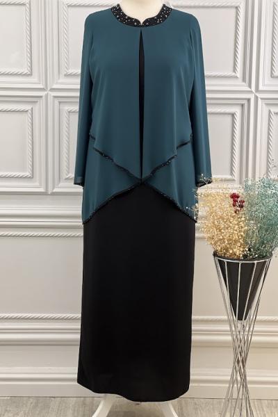 5464 Yakası Taşlı Elbise Zümrüt Zümrüt