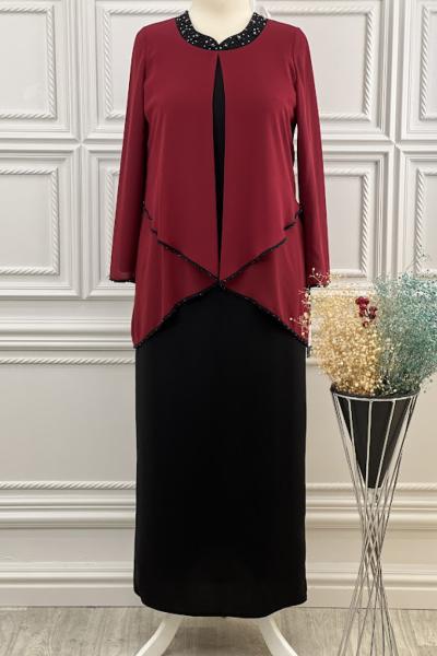 5464 Yakası Taşlı Elbise Bordo Bordo