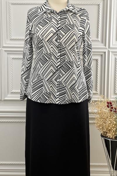 6097 Asimetrik Çizgili Gömlek Siyah Beyaz