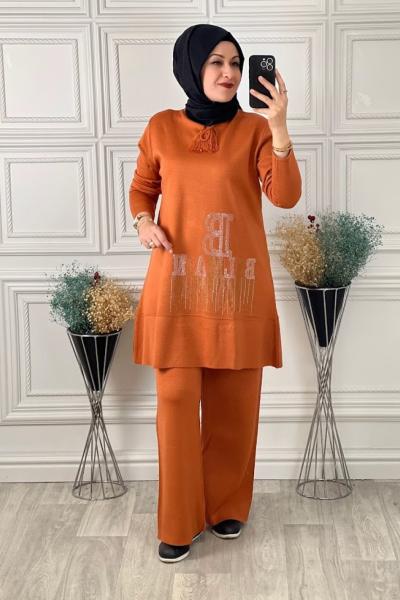 671 Taş Detaylı Triko İkili Takım Kiremit Kiremit