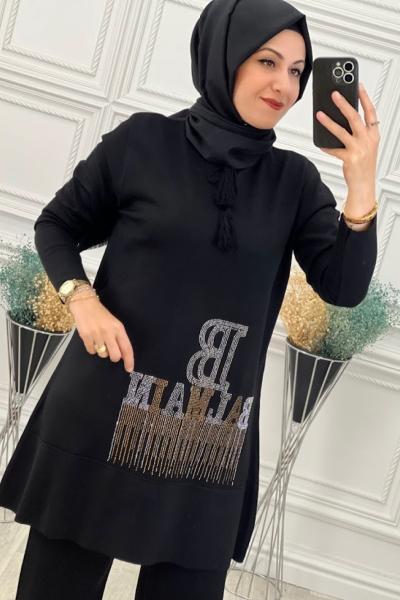 671 Taş Detaylı Triko İkili Takım Siyah Siyah