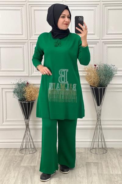 671 Taş Detaylı Triko İkili Takım Zümrüt Zümrüt