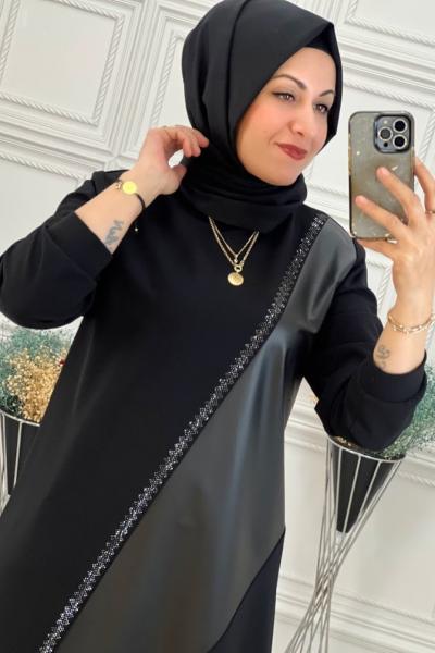 698 Deri Detay Tunik Siyah