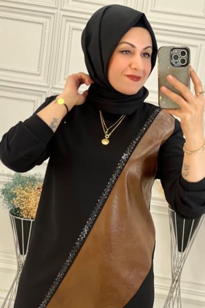 698 Deri Detay Tunik Kahverengi