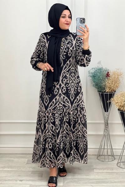 7006 Şal Desen Elbise  Vizon