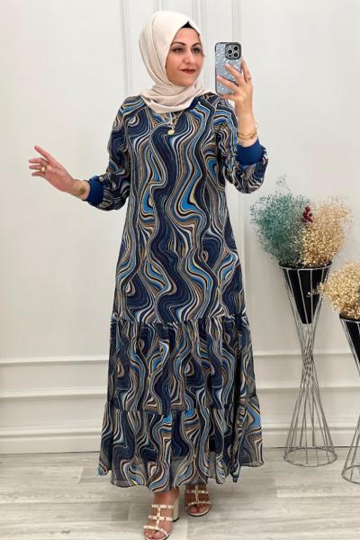 7008 Dalga Desenli Elbise Lacivert Lacivert