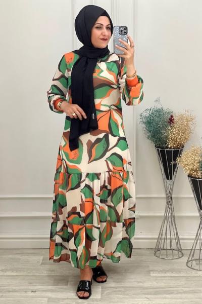 7010 Büyük Yaprak Desenli Elbise Yeşil Yeşil