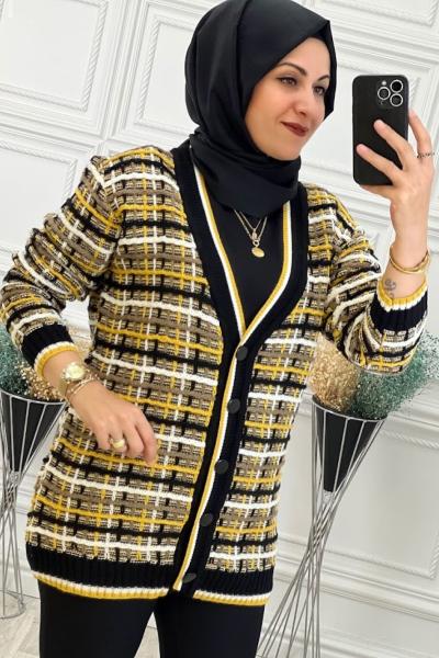 703 Çizgi Detay Hırka Sarı Sarı