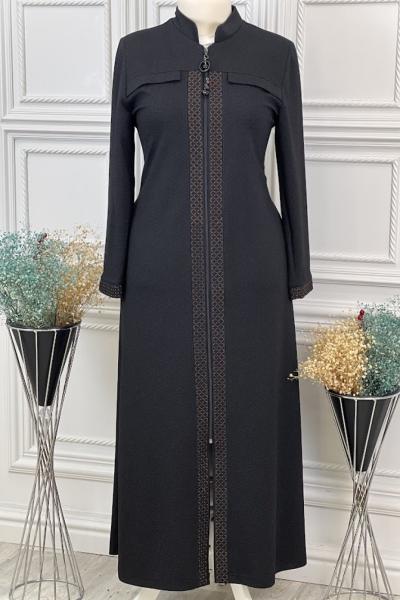 7212 Önü İşlemeli Pardesü Siyah Siyah