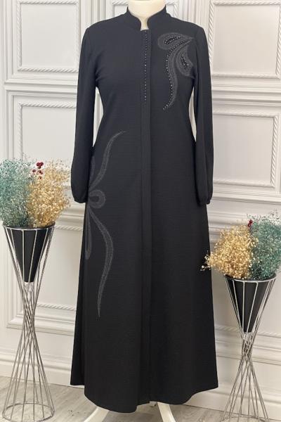 7213 Yakası Şal Desenli Pardesü Siyah Siyah