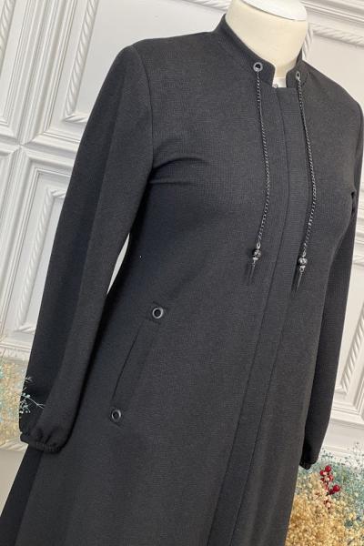 7214 Yakası Zincirli Pardesü  Siyah