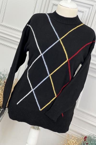 7228 Çizgi Desen Triko Tunik  Siyah Siyah