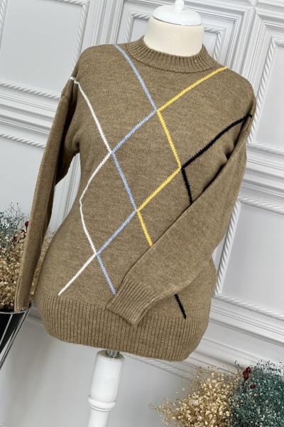 7228 Çizgi Detay Triko Tunik Kahve Kahverengi