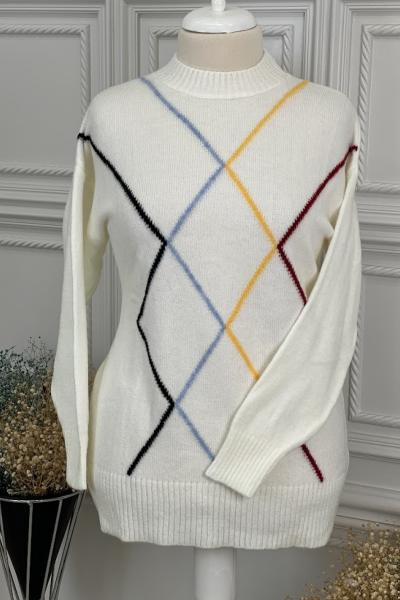 7228 Çizgi Detay Triko Tunik Krem Krem