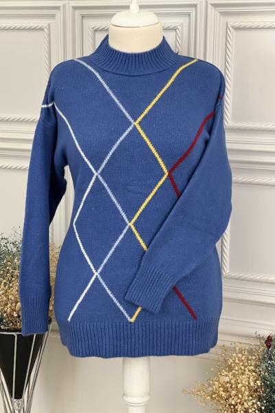 7228 Çizgi Detay Triko Tunik Saks Saks Mavisi