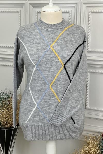 7228 Çizgi Detay Triko Tunik Gri Gri