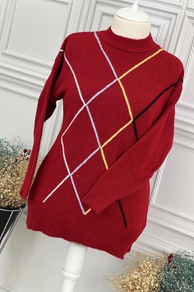 7228 Çizgi Detay Triko Tunik Kırmızı Kırmızı